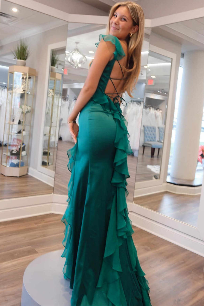 Short Sleeves Emerald Green Satin Mermaid Slit Long Prom Dress With Ruffles