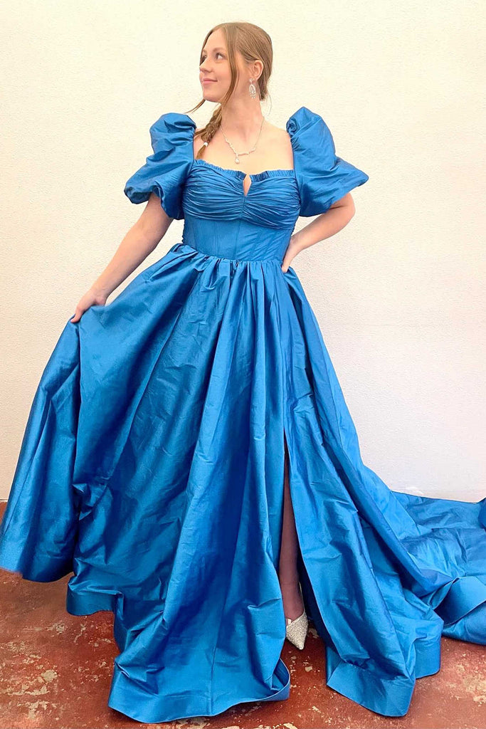 A-Line Blue Square Neck Puff Sleeves Long Prom Dress With Slit