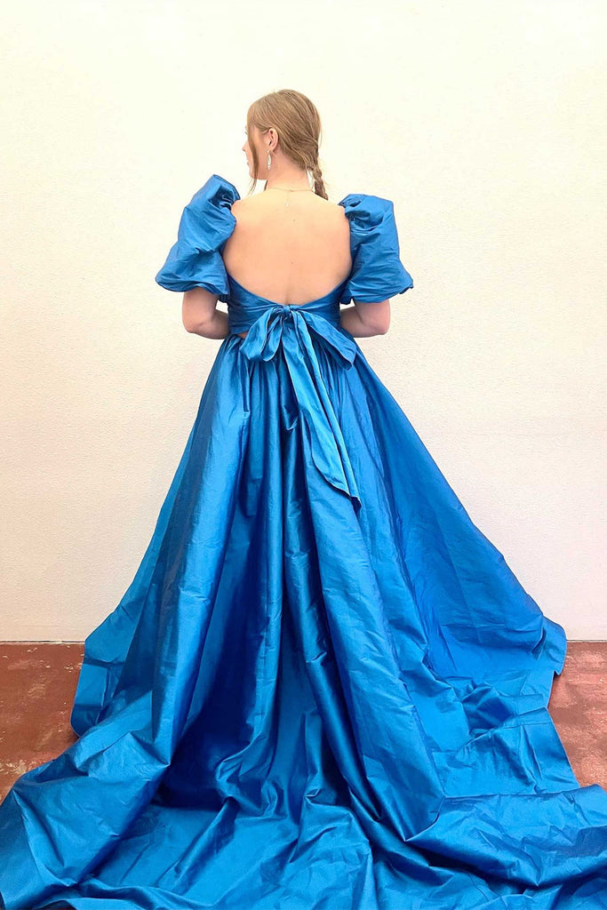 A-Line Blue Square Neck Puff Sleeves Long Prom Dress With Slit