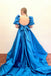 A-Line Blue Square Neck Puff Sleeves Long Prom Dress With Slit