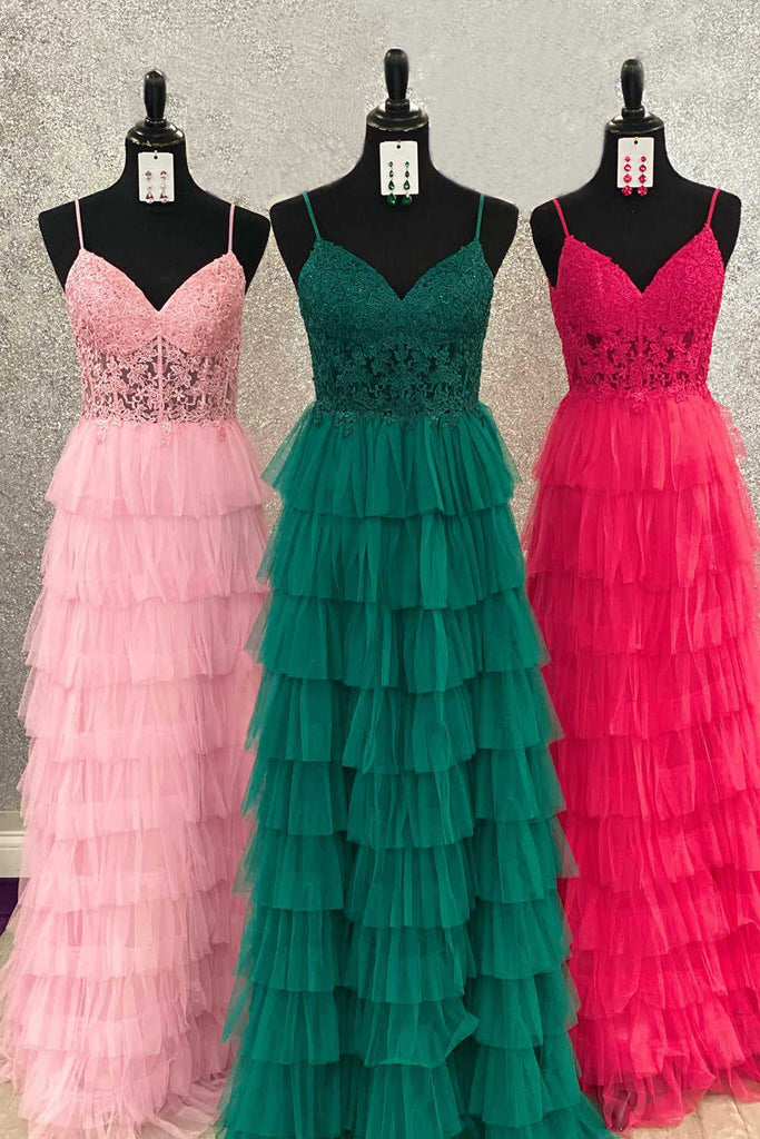 V Neck Pink Lace Corset Tulle Long Prom Dress With Layered