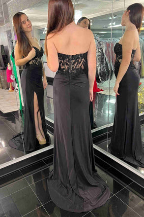 Sweetheart Black Mermaid Satin Long Prom Dress With Slit
