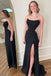 A Line Black Strapless Mermaid Slit Prom Dress With Beaded