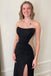 A Line Black Strapless Mermaid Slit Prom Dress With Beaded