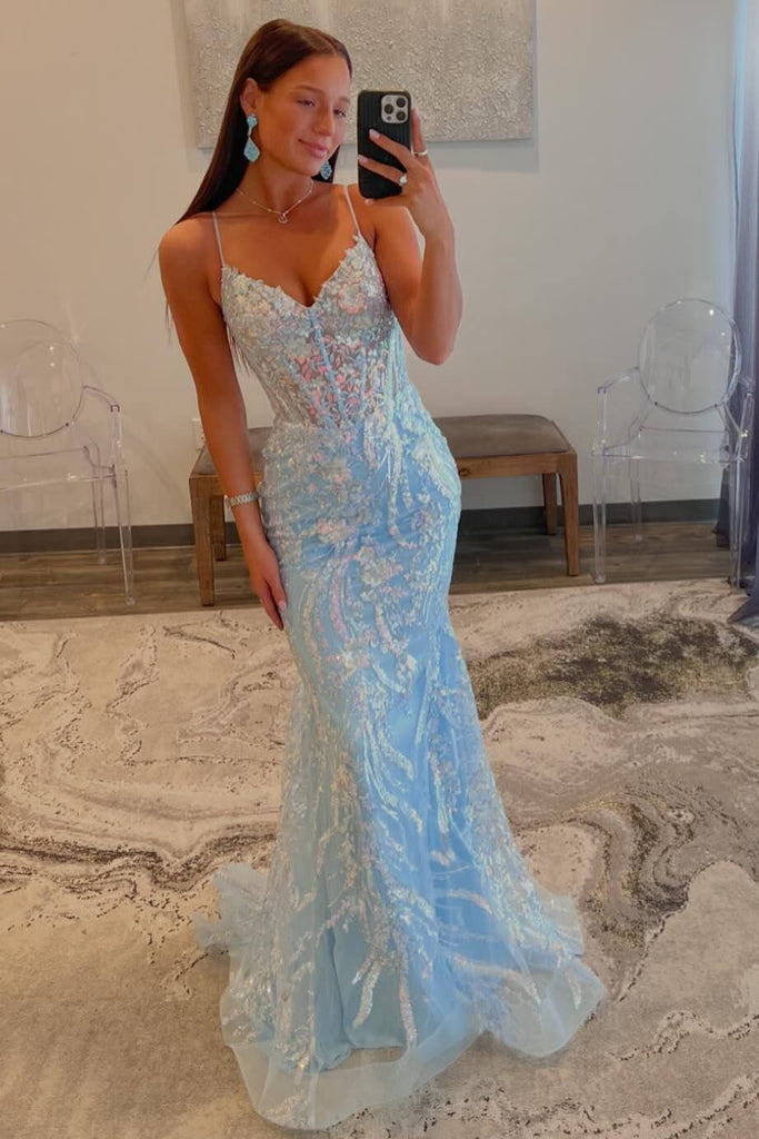 V Neck Light Blue Mermaid Long Prom Dress With Sequin Appliques