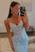 V Neck Light Blue Mermaid Long Prom Dress With Sequin Appliques
