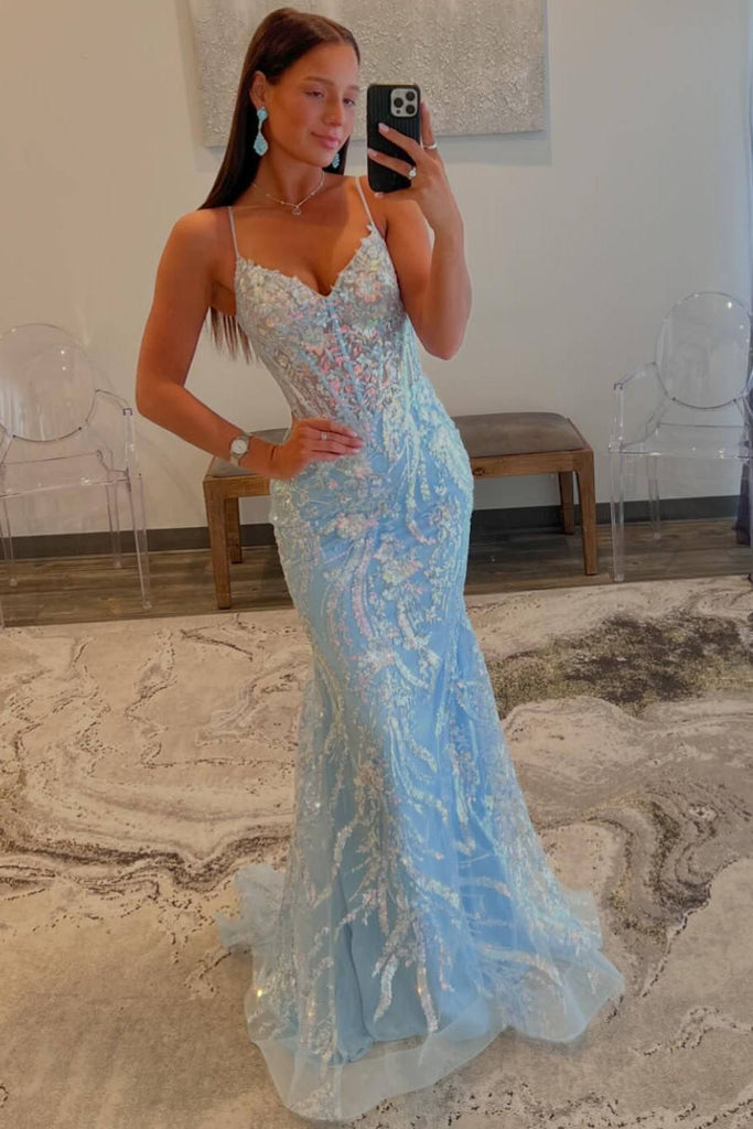 V Neck Light Blue Mermaid Long Prom Dress With Sequin Appliques