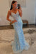 V Neck Light Blue Mermaid Long Prom Dress With Sequin Appliques