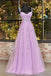 Straps Lilac Leaf Lace Sleeveless Tulle Long Prom Dress With Slit