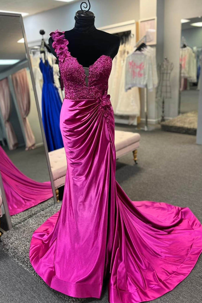 One Shoulder Fuchsia V Neck Ruched Applique Long Formal Dress