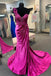 One Shoulder Fuchsia V Neck Ruched Applique Long Formal Dress