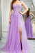 Straps Lilac Leaf Lace Sleeveless Tulle Long Prom Dress With Slit
