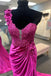 One Shoulder Fuchsia V Neck Ruched Applique Long Formal Dress