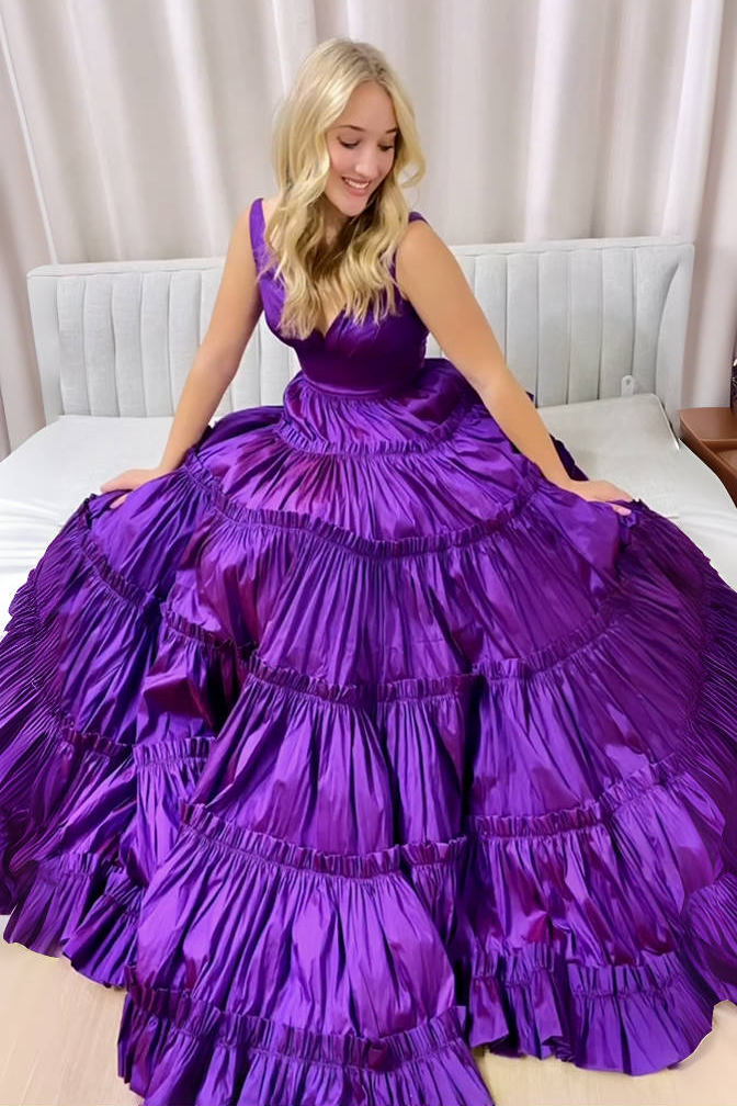 V Neck Purple Two Piece Long Prom Dress With Ruffles