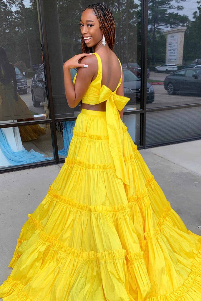 Elegant Yellow Evening Gown V Neck Purple Two Piece Long Prom Dress With Ruffles Elegant Yellow Evening Gown V Neck Purple Two Piece Long Prom Dress With Ruffles