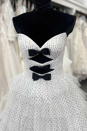 Sweetheart White Swiss Dot Party Gown With Layered, Strapless Prom Dress