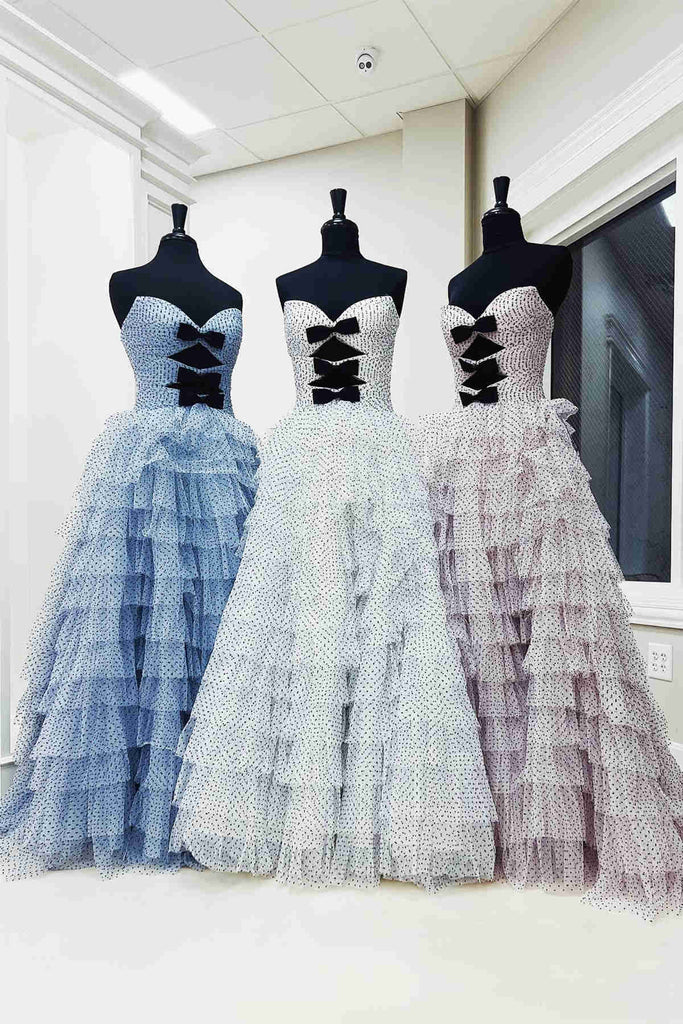 Sweetheart White Swiss Dot Party Gown With Layered, Strapless Prom Dress