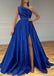 A Line Purple One Shoulder Pleated Satin Long Prom Dress With Slit