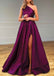 A Line Purple One Shoulder Pleated Satin Long Prom Dress With Slit