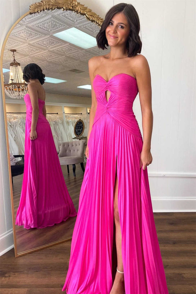 Sweetheart Hot Pink Slit Prom Dress With Pleated, Keyhole Evening Gown