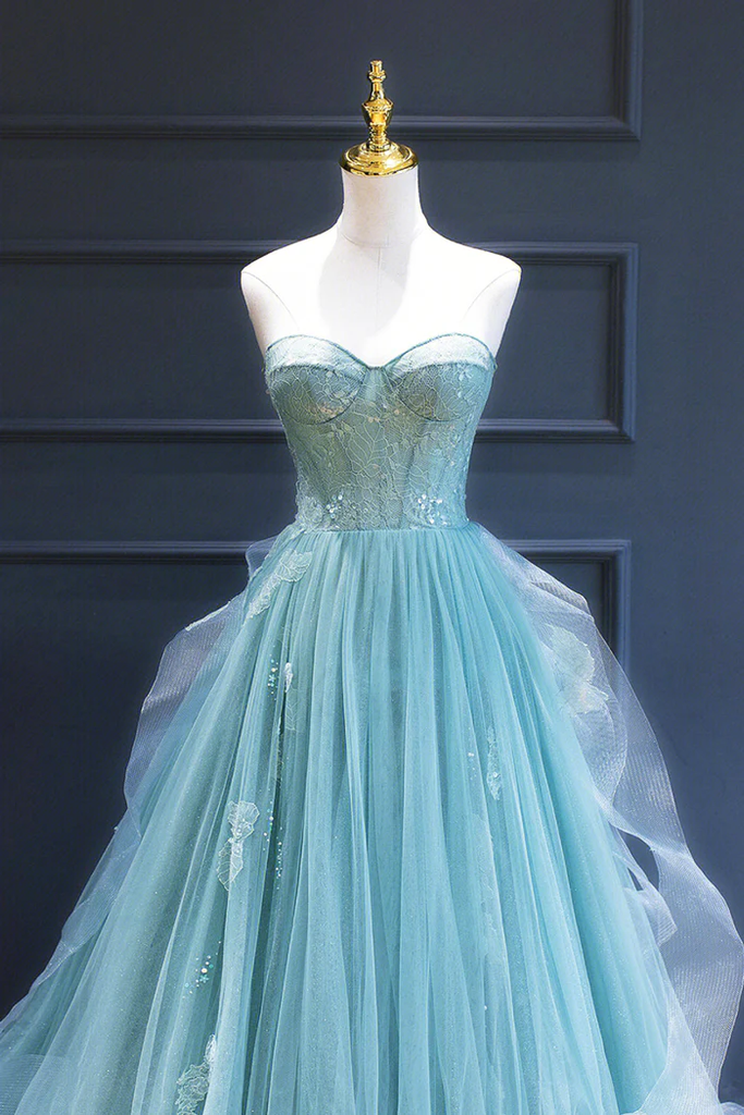 Sweetheart Green Lace A-Line Long Prom Dress, Strapless Formal Gown