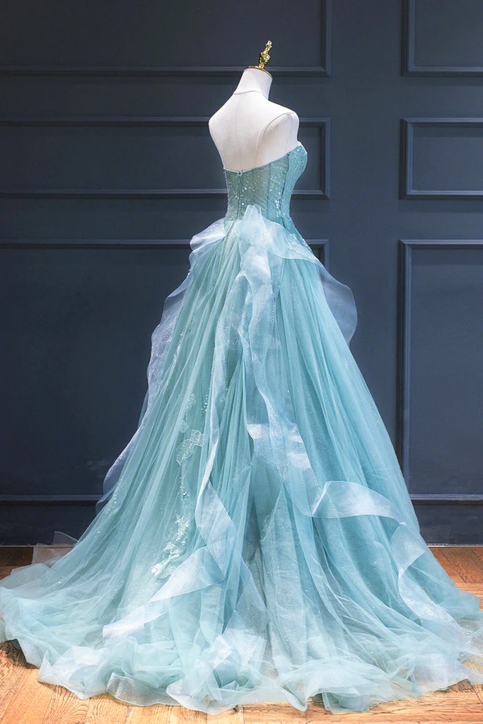 Sweetheart Green Lace A-Line Long Prom Dress, Strapless Formal Gown