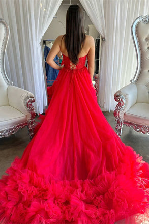 Sweetheart Red Ball Gown A Line Tulle Long Prom Dress with Ruffles