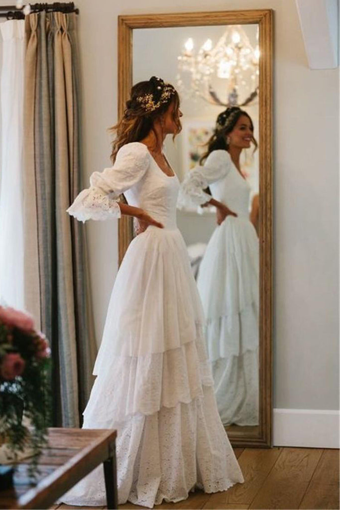 A Line Ivory 3/4 Sleeves Lace Square Wedding Dresses With Train Tiered