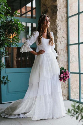A Line Ivory 3/4 Sleeves Lace Square Wedding Dresses With Train Tiered