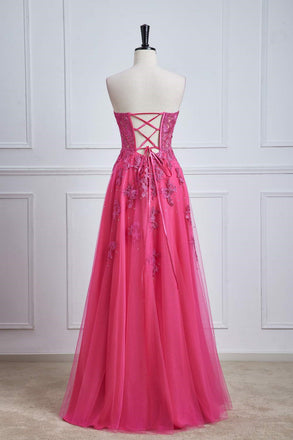 A-Line Hot Pink Sweetheart Corset Prom Dress With Split, Lace Long Evening Gown