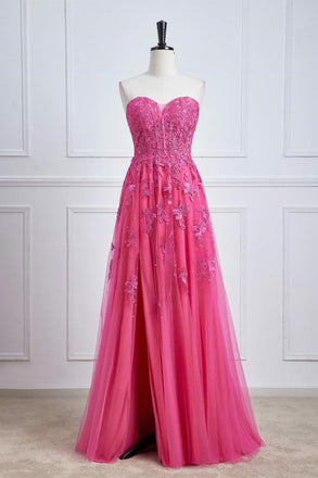 A-Line Hot Pink Sweetheart Corset Prom Dress With Split, Lace Long Evening Gown