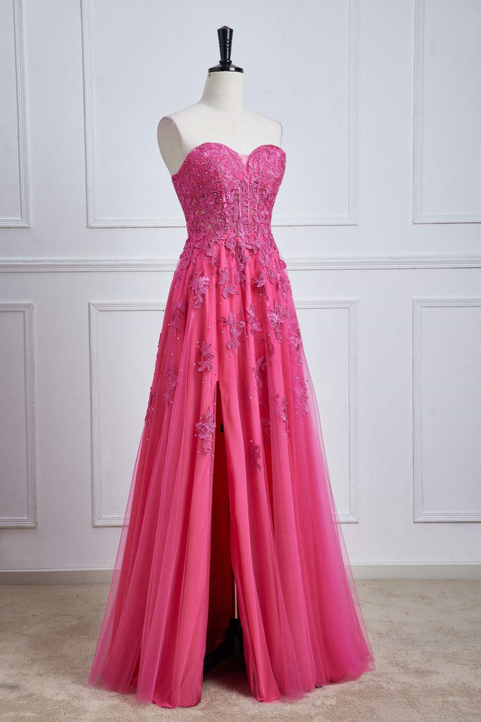 A-Line Hot Pink Sweetheart Corset Prom Dress With Split, Lace Long Evening Gown