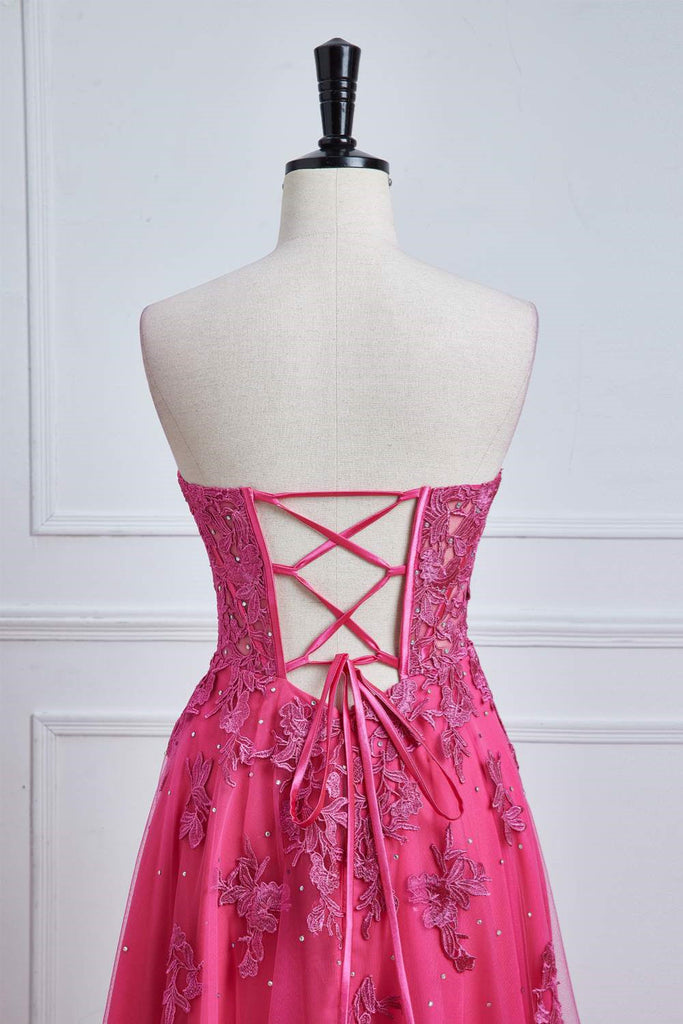 A-Line Hot Pink Sweetheart Corset Prom Dress With Split, Lace Long Evening Gown