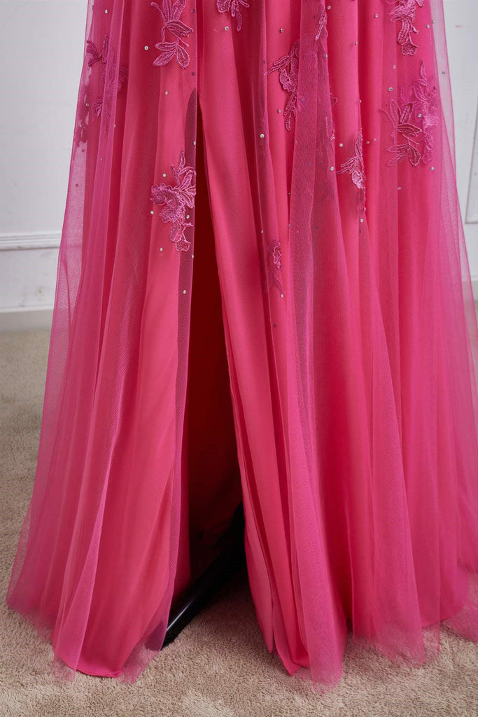 A-Line Hot Pink Sweetheart Corset Prom Dress With Split, Lace Long Evening Gown