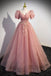 Pretty Pink Tulle Prom Dress With Short Sleeves, Shiny Sequin Long Formal Gown