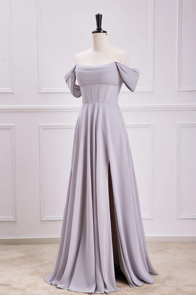 Off the Shoulder Grey Backless Chiffon A-Line Bridesmaid Dress With Slit