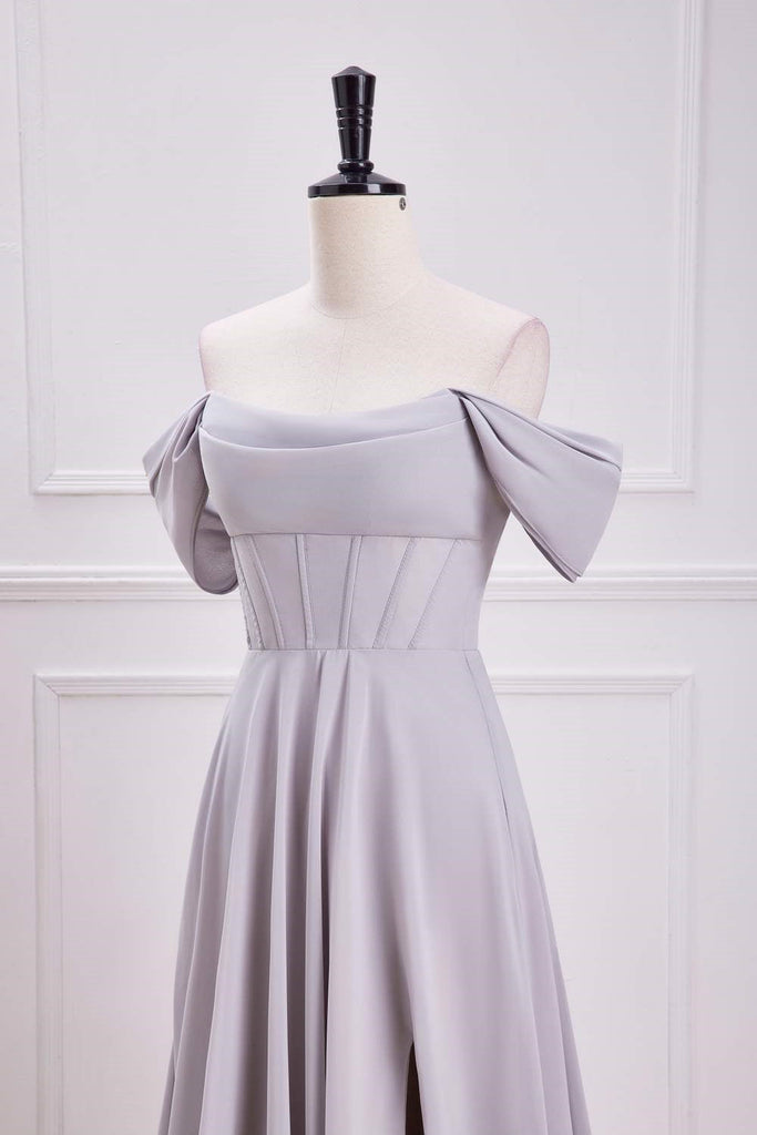 Off the Shoulder Grey Backless Chiffon A-Line Bridesmaid Dress With Slit