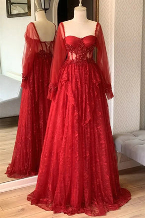 Sweetheart Red Beading Lace Long Prom Dress Party Gown With Long Sleeves