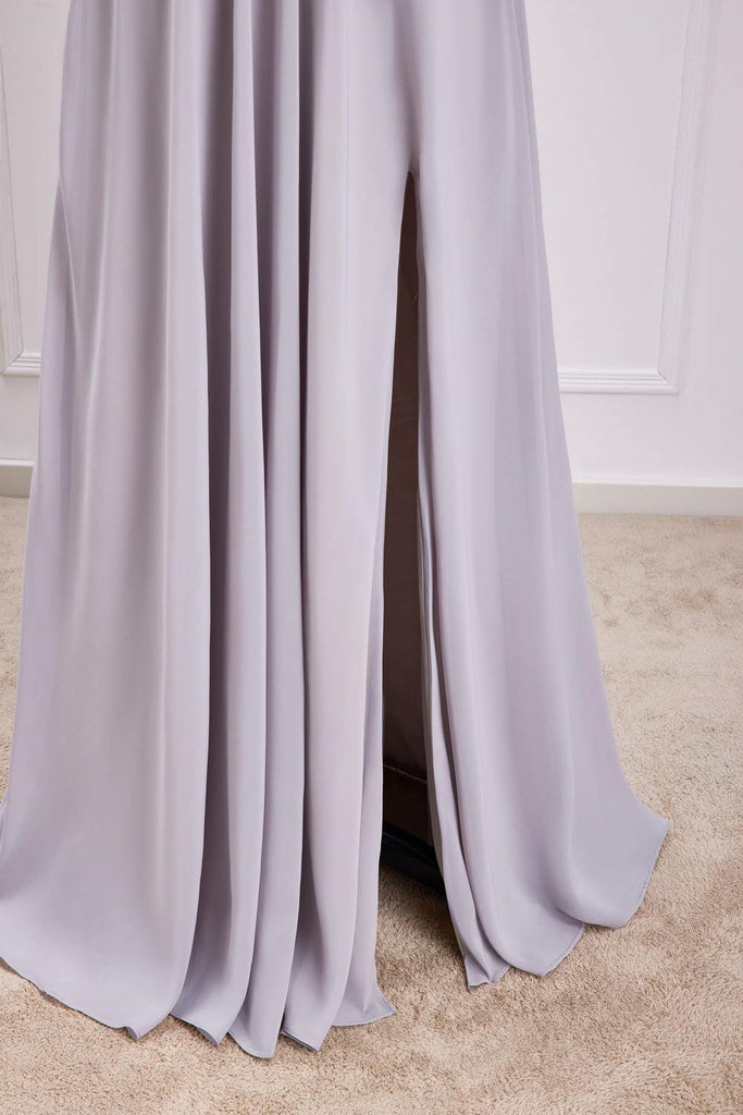 Off the Shoulder Grey Backless Chiffon A-Line Bridesmaid Dress With Slit