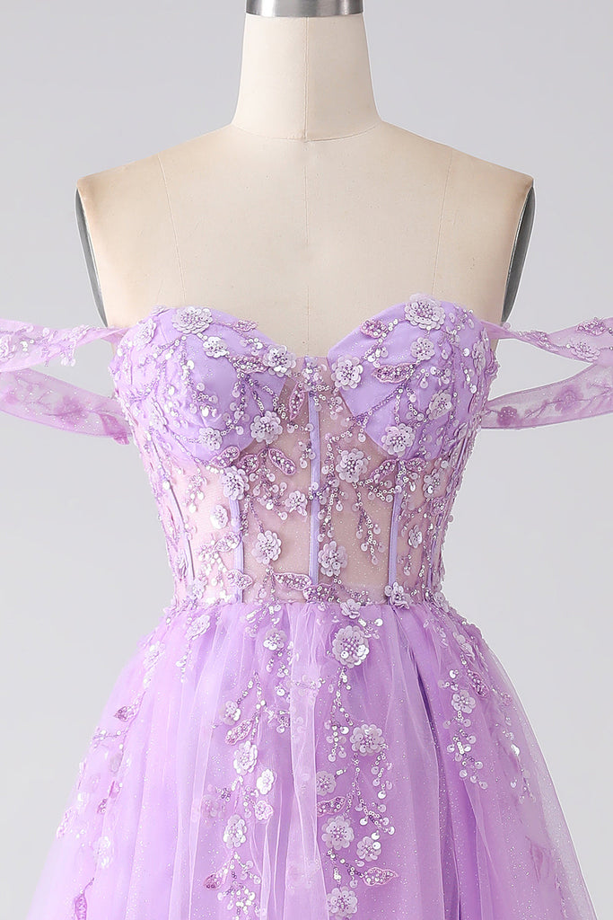 Off The Shoulder Lila A Line Applique Sequins Long Prom Dress With Split