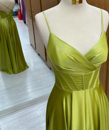 Sexy Yellow Spaghetti Straps A Line Satin Long Prom Evening Dress
