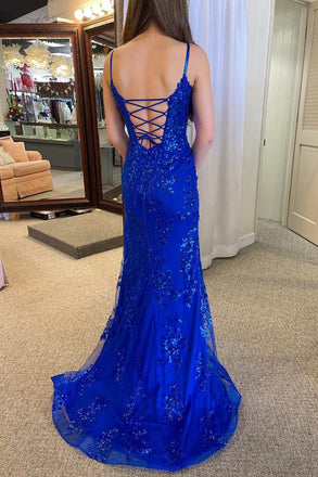 Mermaid Spaghetti Straps Royal Blue Long Prom Dress with Lace Sequins