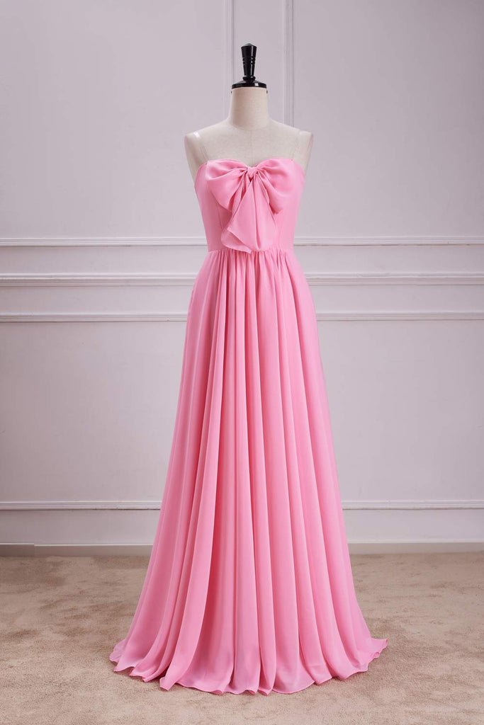 Strapless Candy Pink A-Line Long Bridesmaid Dress With Bowknot