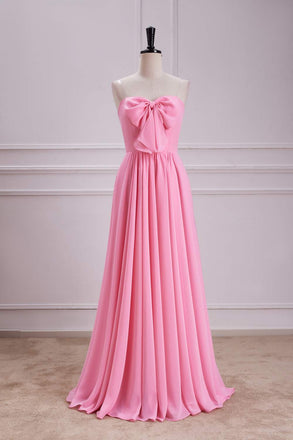 Strapless Candy Pink A-Line Long Bridesmaid Dress With Bowknot
