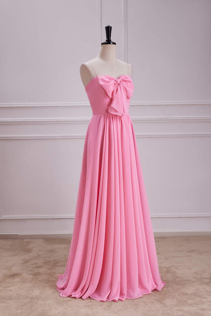Strapless Candy Pink A-Line Long Bridesmaid Dress With Bowknot