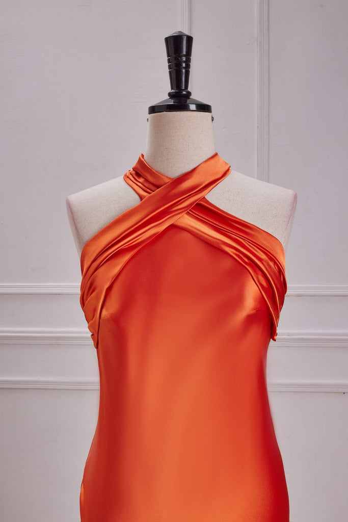 Halter Burnt Orange Mermaid Satin Long Bridesmaid Dress