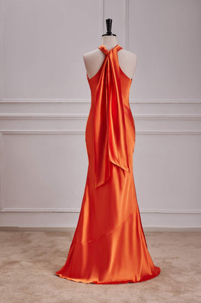 Halter Burnt Orange Mermaid Satin Long Bridesmaid Dress