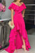 High-Low Fuchsia Off the Shoulder V Neck Long Prom Dress With Ruffles