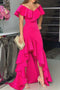 High-Low Fuchsia Off the Shoulder V Neck Long Prom Dress With Ruffles