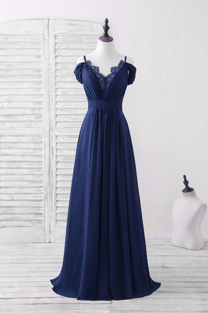 Straps Blue A Line Chiffon V Neck Long Bridesmaid Dress With Ruffles
